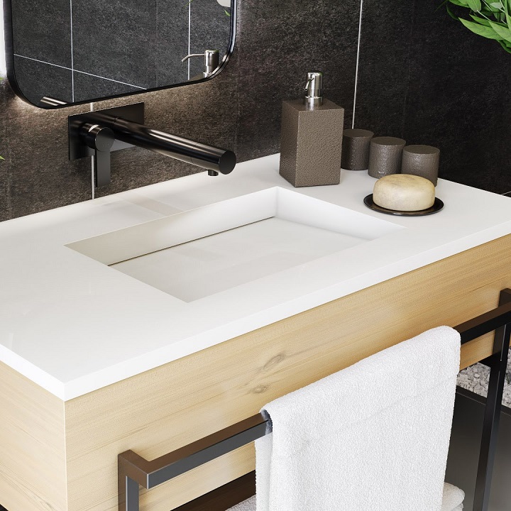 Tủ chậu âm bàn phù hợp cho phòng tắm có không gian nhỏ hẹp khiêm tốn.